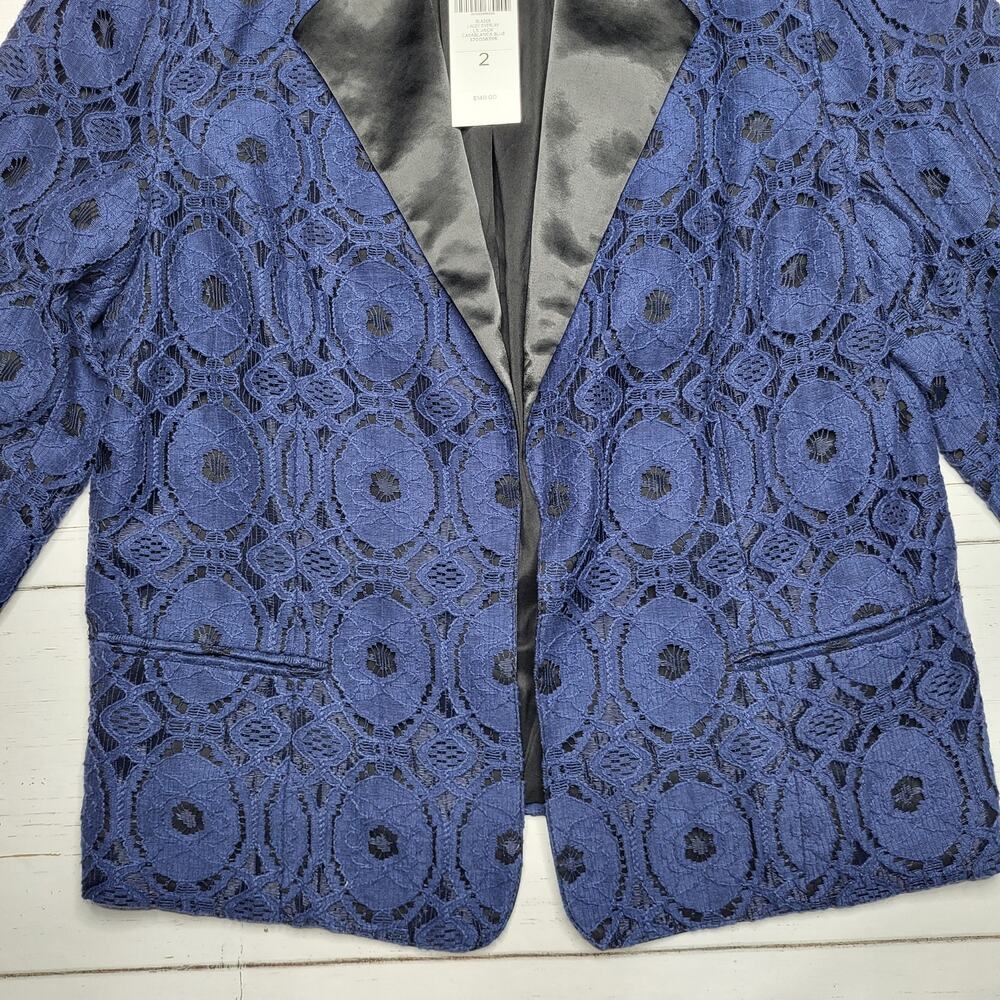 Chico's‎ Lace Overlay Blazer Jacket Casablanca Blue Black Lined Large 12 2 - Picture 5 of 10